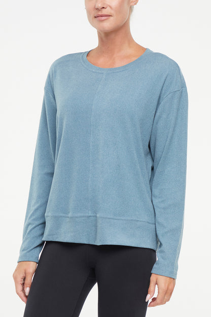Riley Pullover, alternate angle view, showing visible design features and texture of the soft knit fabric.. 