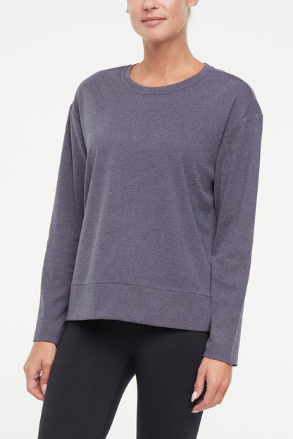 Riley Pullover, alternate angle view, showing visible design features and texture of the soft knit fabric.. 