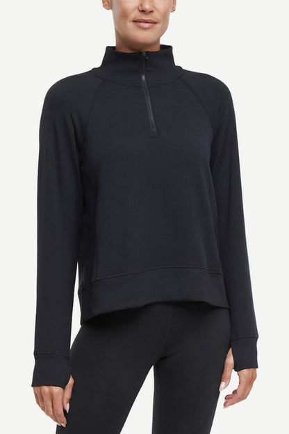 Mia 1/4 Zip Pullover, alternate angle view, showing visible design features and texture of the soft knit fabric.. 