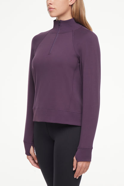 Mia 1/4 Zip Pullover, alternate angle view, showing visible design features and texture of the soft knit fabric.. 