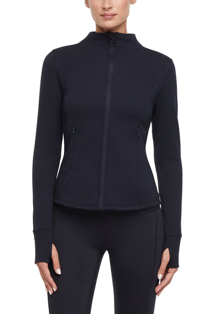 Audrie Jacket, alternate angle view, showing visible design features and texture of the smooth woven fabric.. 