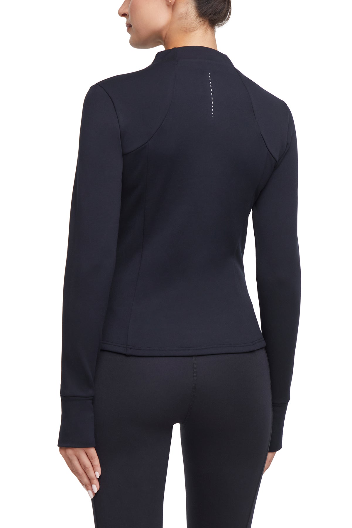 Audrie Jacket, alternate angle view, showing visible design features and texture of the smooth woven fabric.. 