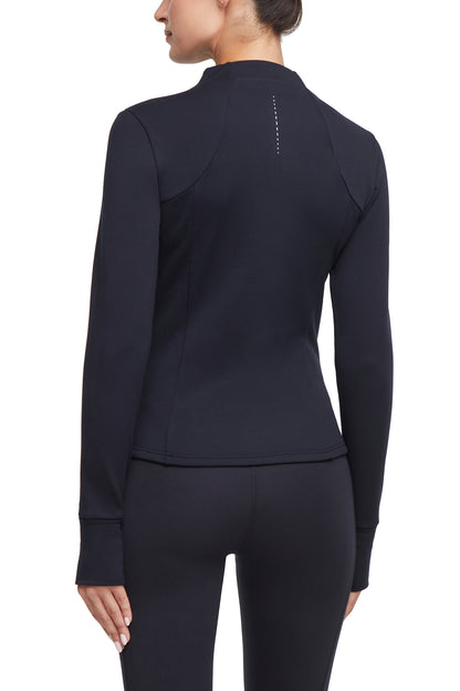 Audrie Jacket, alternate angle view, showing visible design features and texture of the smooth woven fabric.. 