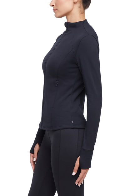Audrie Jacket, alternate angle view, showing visible design features and texture of the smooth woven fabric.. 