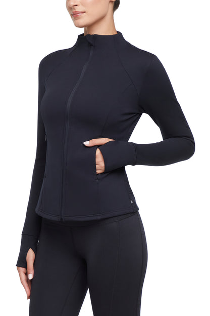 Audrie Jacket, alternate angle view, showing visible design features and texture of the smooth woven fabric.. 