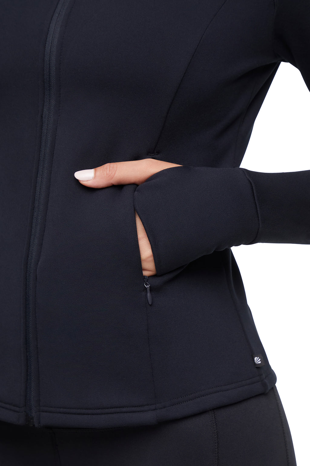 Audrie Jacket, alternate angle view, showing visible design features and texture of the smooth woven fabric.. #color_black
