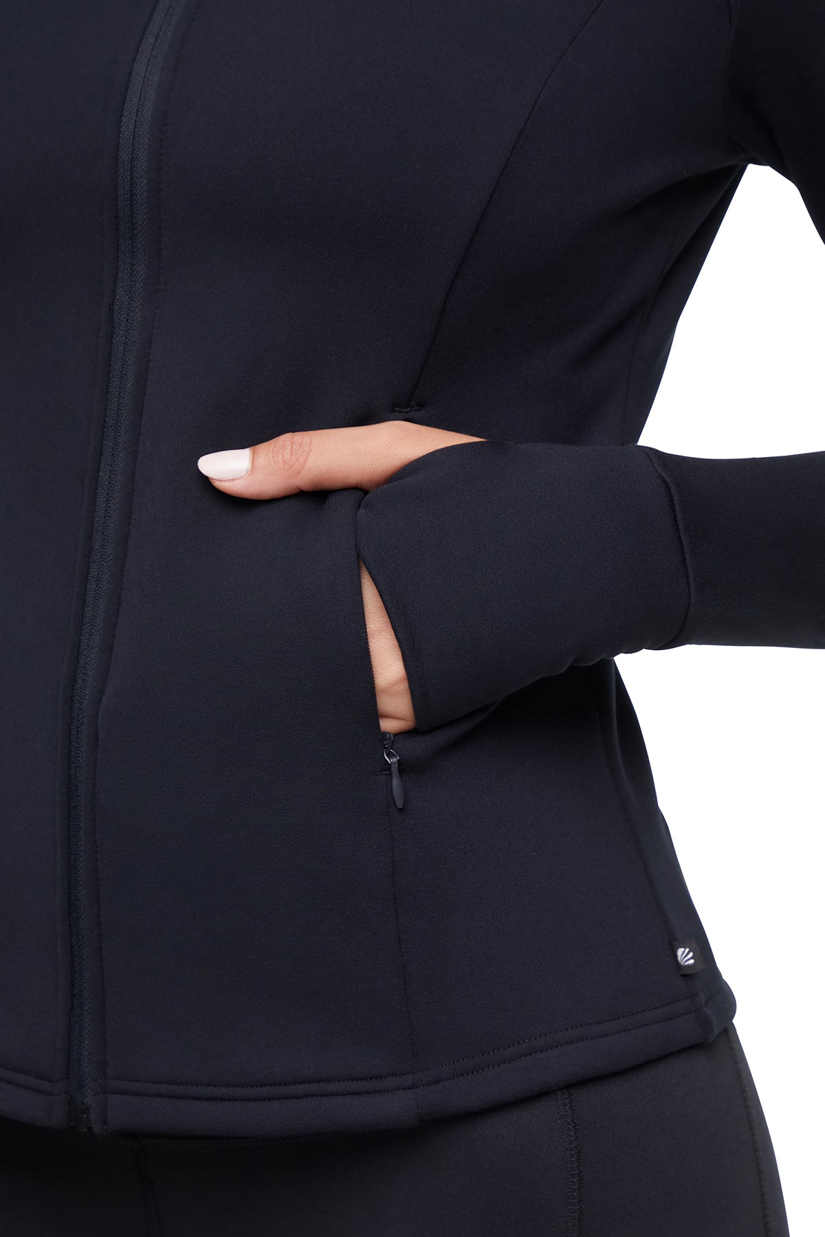 Audrie Jacket, alternate angle view, showing visible design features and texture of the smooth woven fabric.. 