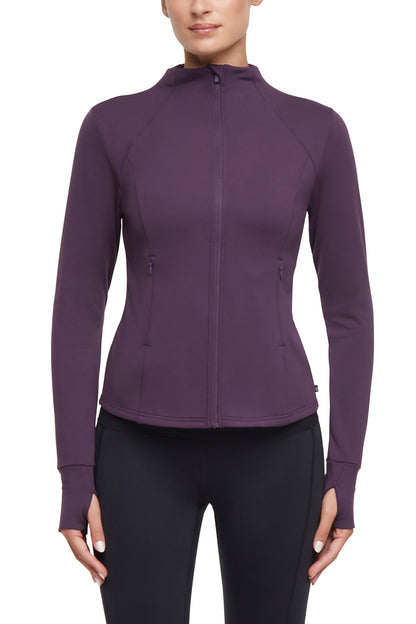 Audrie Jacket, alternate angle view, showing visible design features and texture of the smooth woven fabric.. 
