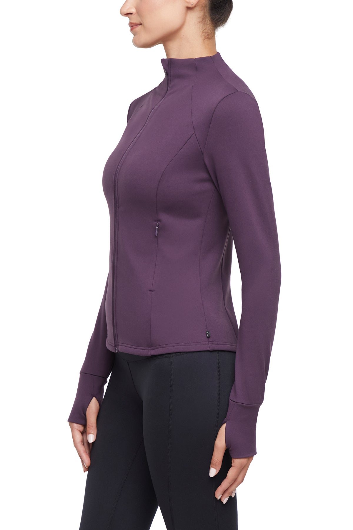 Audrie Jacket, alternate angle view, showing visible design features and texture of the smooth woven fabric.. 