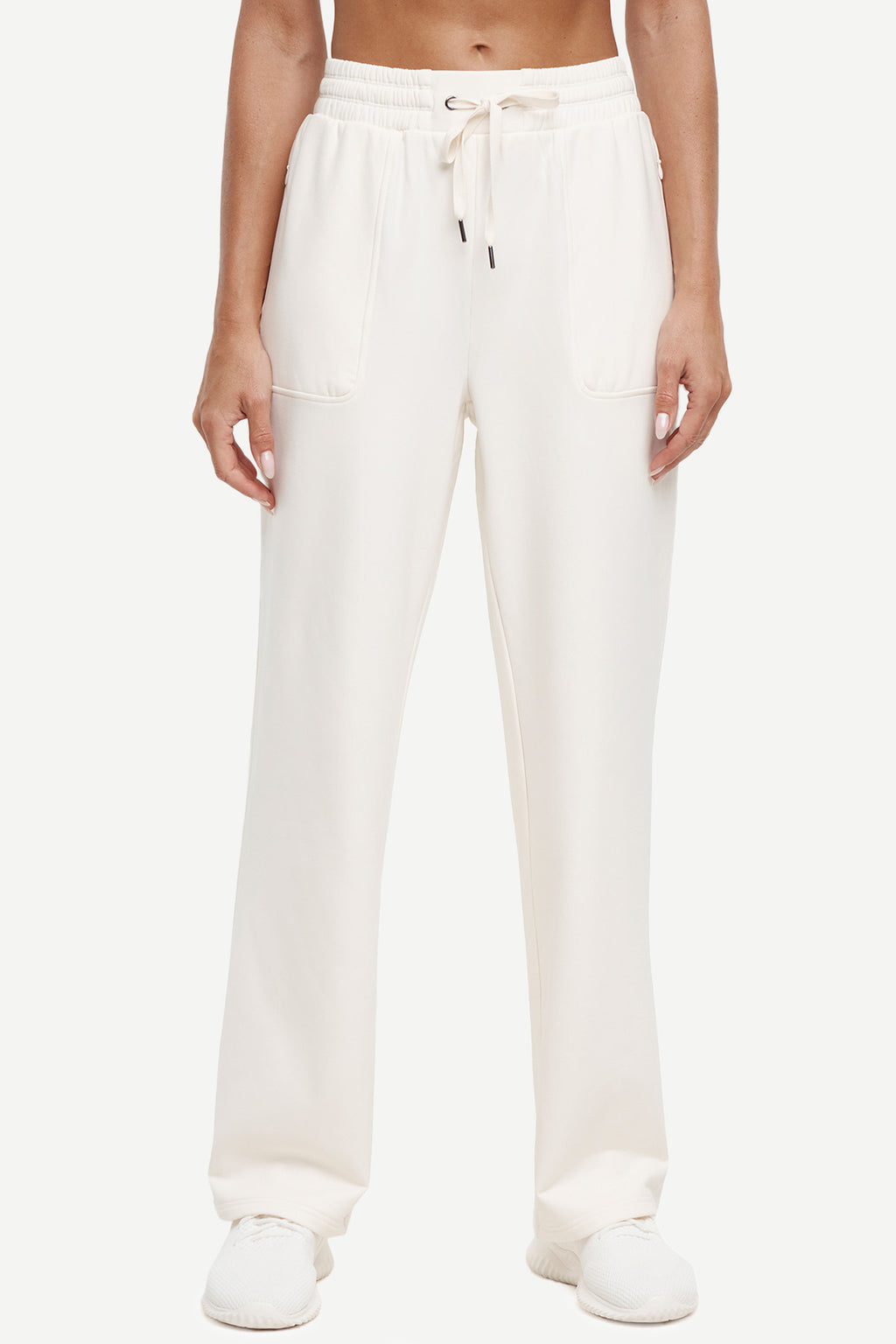 Mia Pant, front view, showing visible design features and texture of the durable stretch fabric.. #color_egret