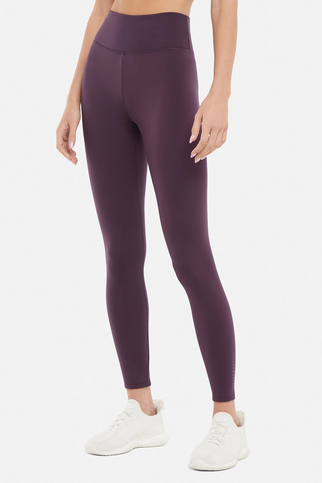 Audrie Legging, alternate angle view, showing visible design features and texture of the stretch knit fabric.. #color_plum-perfect