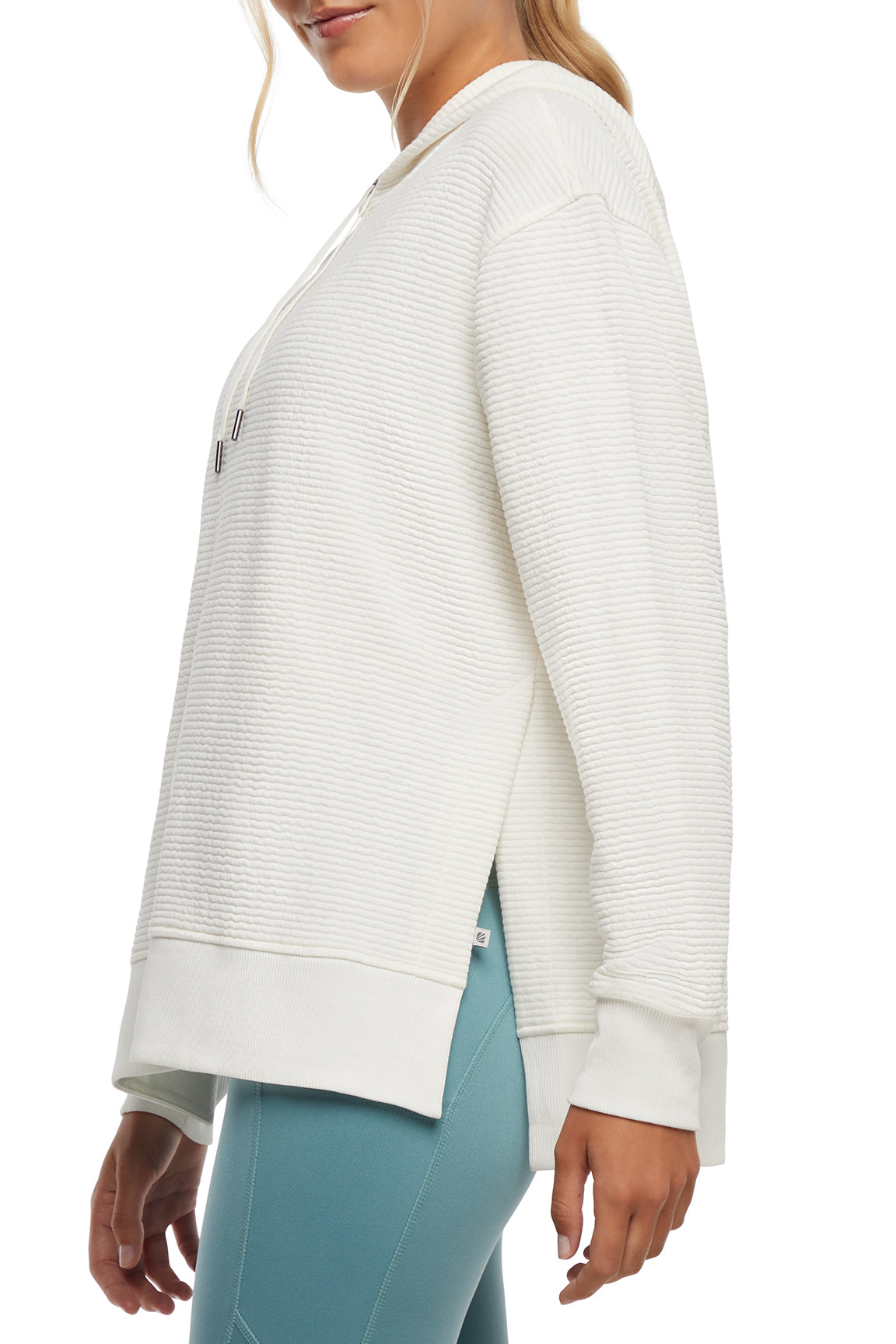 Cora Pullover Hoodie, alternate angle view, showing visible design features and texture of the soft fleece fabric.. 