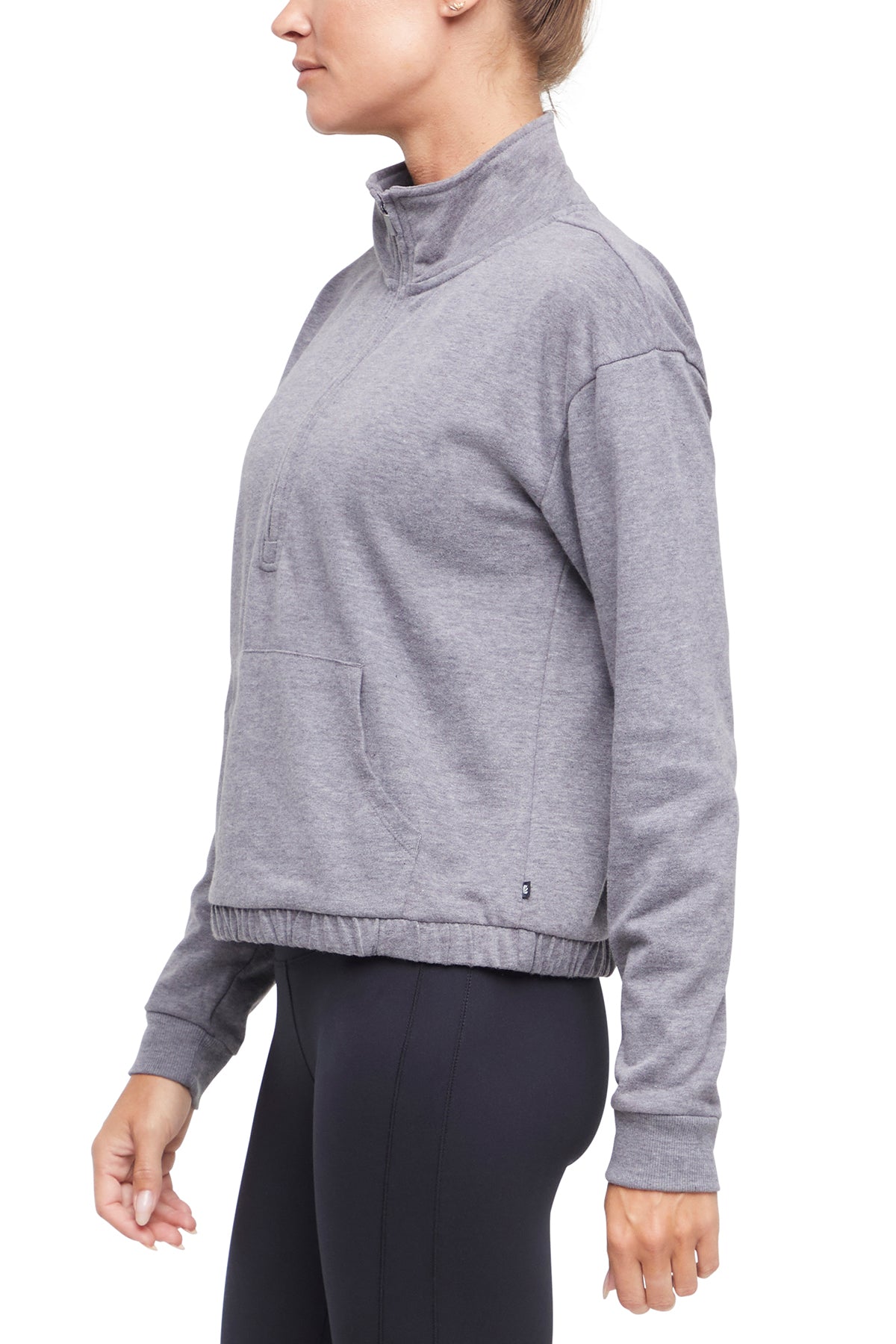 Lyla 1/2 Zip Pullover, close-up view of fabric and stitching, showing visible design features and texture of the soft knit fabric.. 