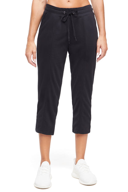 Lyla Mid Calf Capri, alternate angle view, showing visible design features and texture of the soft knit fabric.. 