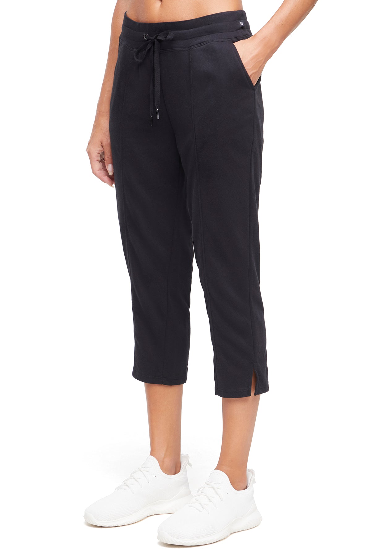 Lyla Mid Calf Capri, alternate angle view, showing visible design features and texture of the soft knit fabric.. 