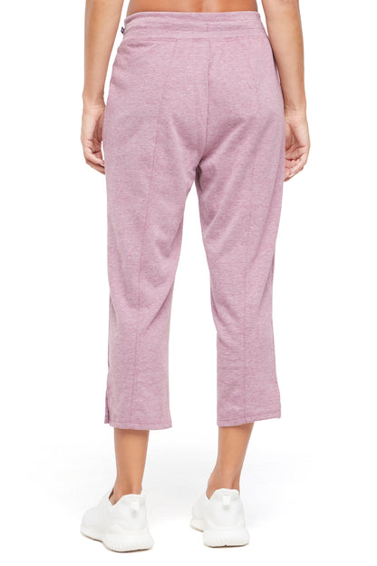 Lyla Mid Calf Capri, alternate angle view, showing visible design features and texture of the soft knit fabric.. 