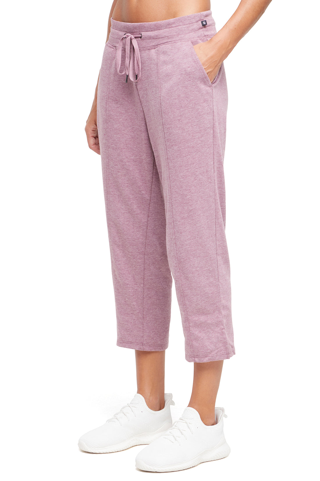 Lyla Mid Calf Capri, alternate angle view, showing visible design features and texture of the soft knit fabric.. 
