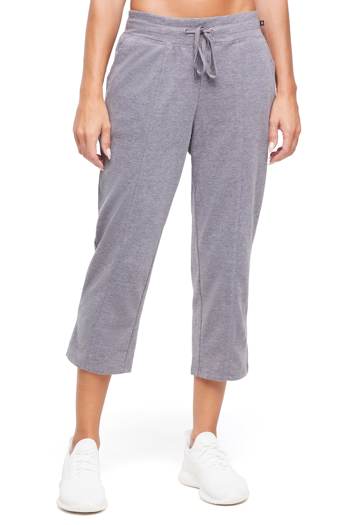 Lyla Mid Calf Capri, alternate angle view, showing visible design features and texture of the soft knit fabric.. 