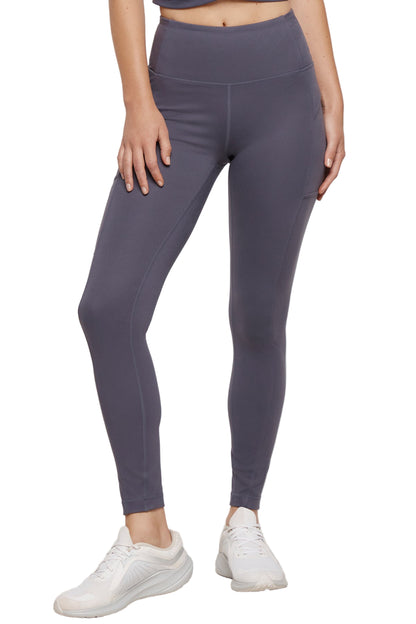 Faye Side Pocket Legging, close-up view of fabric and stitching, showing visible design features and texture of the stretch knit fabric.. 