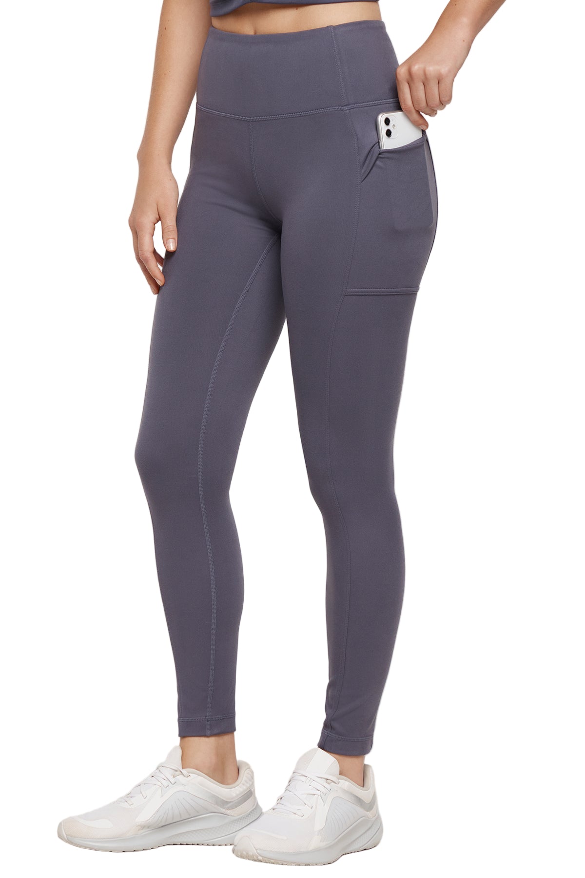 Faye Side Pocket Legging, front view, showing visible design features and texture of the stretch knit fabric.. 