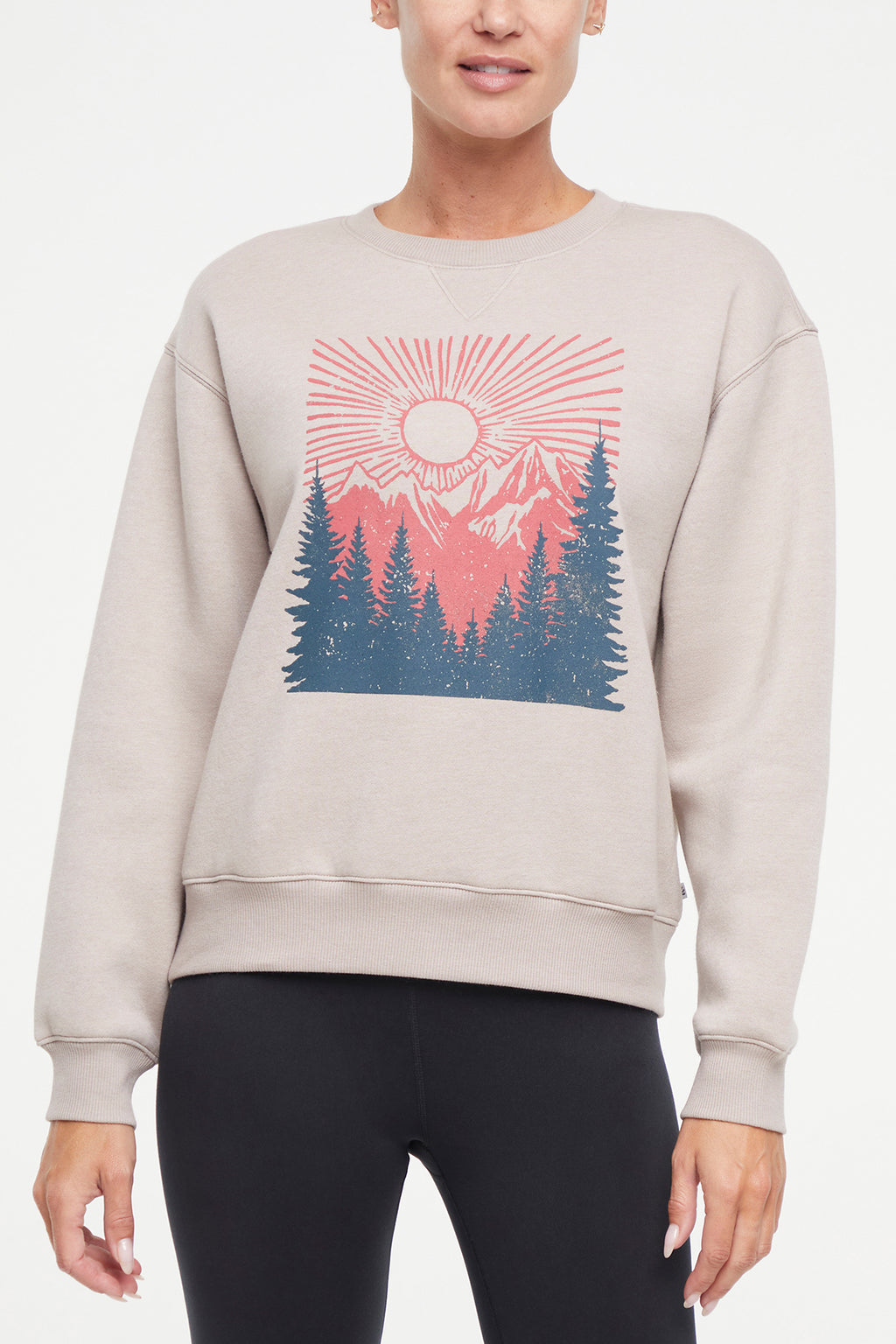 Meira Fleece Sweatshirt, alternate angle view, showing visible design features and texture of the soft knit fabric.. #color_heather-atmosphere-evening-mountain-view