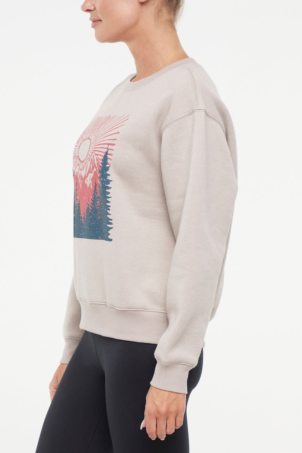 Meira Fleece Sweatshirt, alternate angle view, showing visible design features and texture of the soft knit fabric.. #color_heather-atmosphere-evening-mountain-view