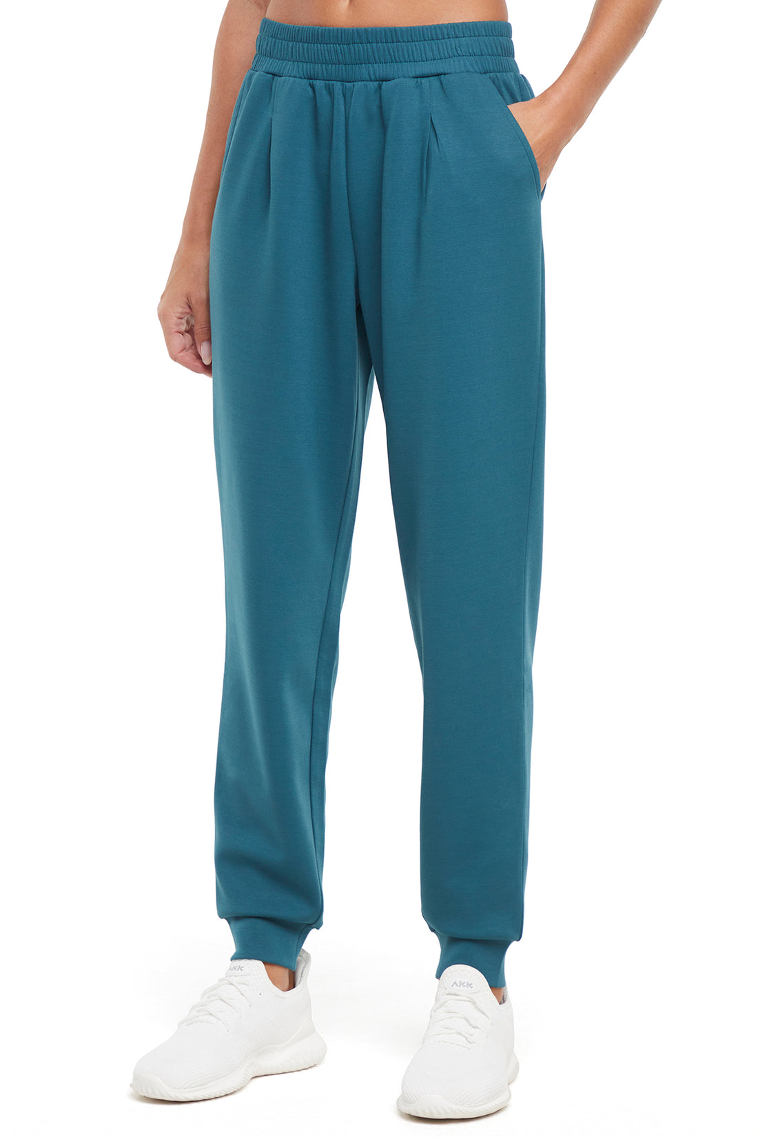 Sage Jogger, front view, showing visible design features and texture of the soft knit fabric..