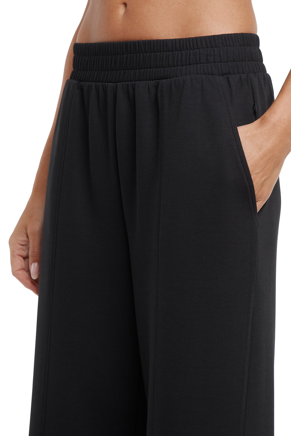 Sage Wide Leg Pant, alternate angle view, showing visible design features and texture of the durable stretch fabric.. 