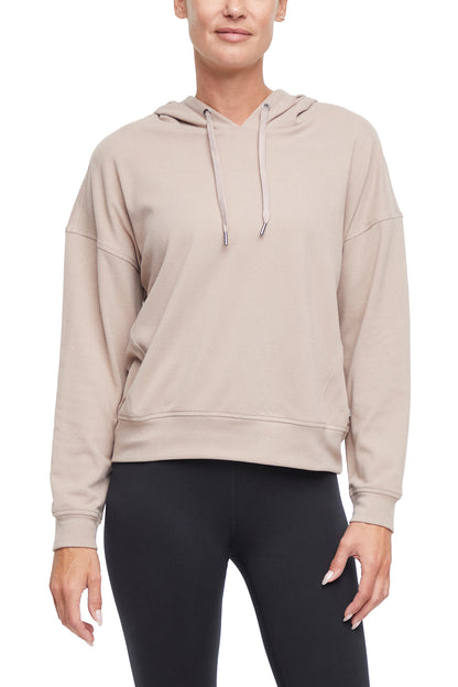 Riley Hoodie, alternate angle view, showing visible design features and texture of the soft fleece fabric.. 