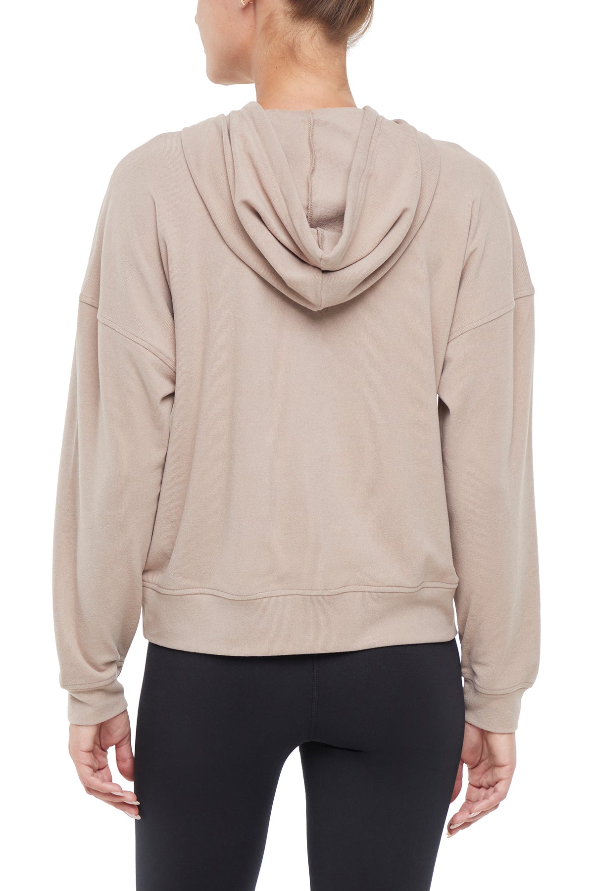 Riley Hoodie, alternate angle view, showing visible design features and texture of the soft fleece fabric.. 