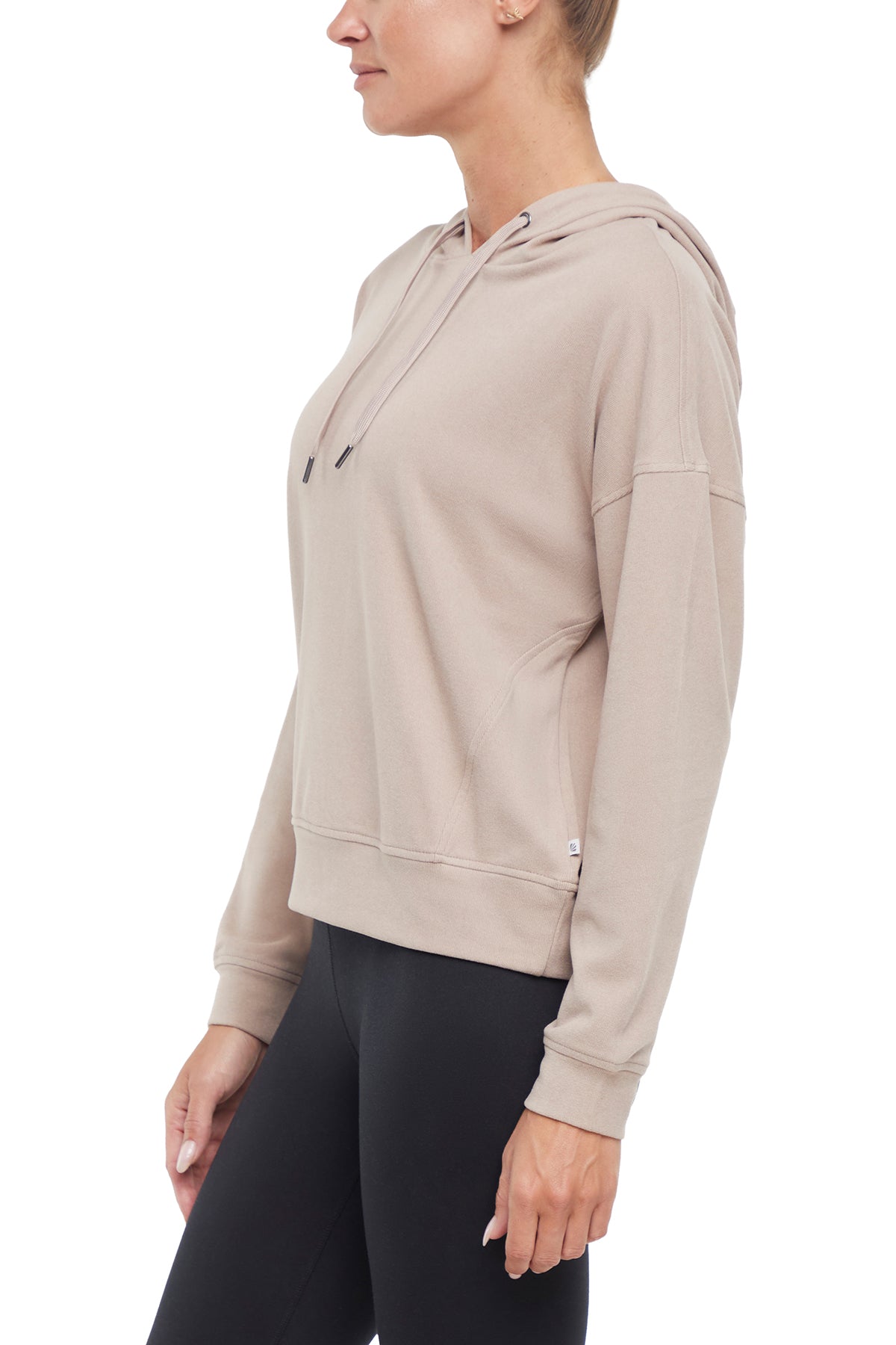 Riley Hoodie, alternate angle view, showing visible design features and texture of the soft fleece fabric.. 