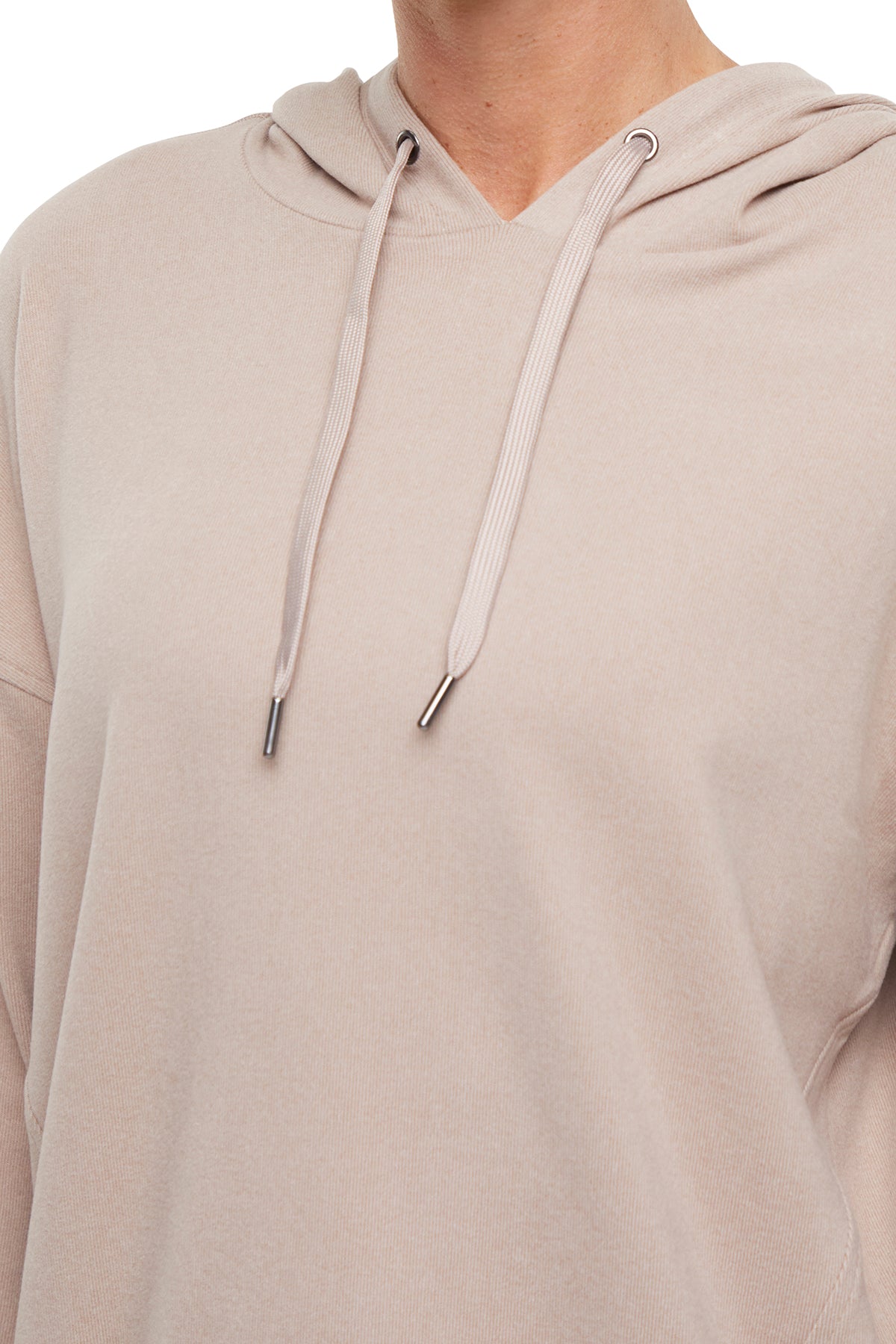 Riley Hoodie, alternate angle view, showing visible design features and texture of the soft fleece fabric.. 