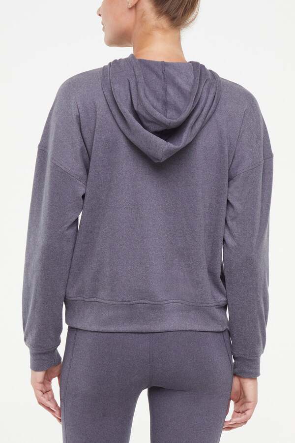 Riley Hoodie, alternate angle view, showing visible design features and texture of the soft fleece fabric.. 