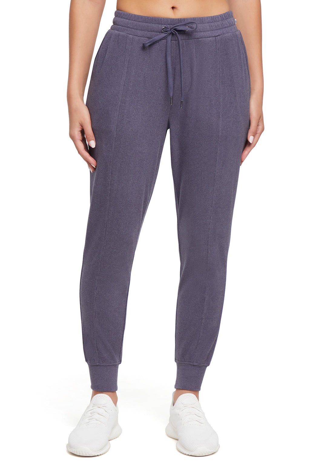 Riley Jogger, alternate angle view, showing visible design features and texture of the soft knit fabric.. #color_heather-graphite