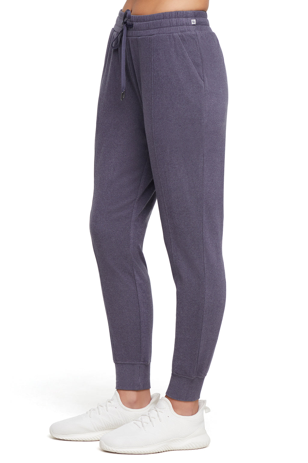 Riley Jogger, alternate angle view, showing visible design features and texture of the soft knit fabric.. #color_heather-graphite
