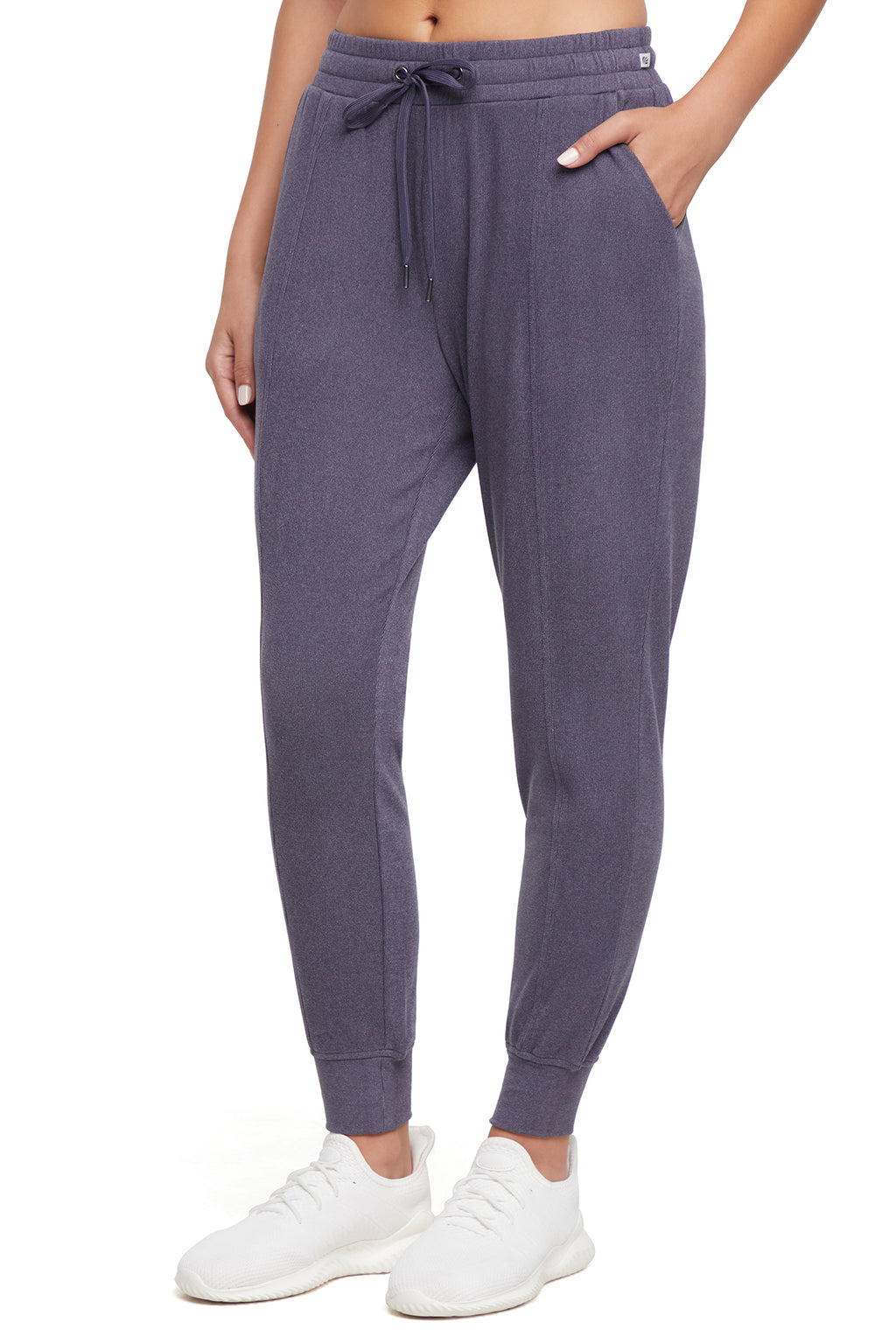 Riley Jogger, alternate angle view, showing visible design features and texture of the soft knit fabric.. #color_heather-graphite