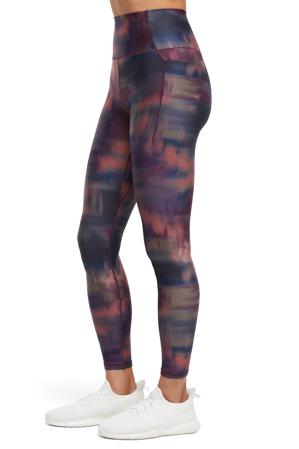 Kelly Side Pocket Legging, alternate angle view, showing visible design features and texture of the stretch knit fabric.. #color_fig-washed-landscape