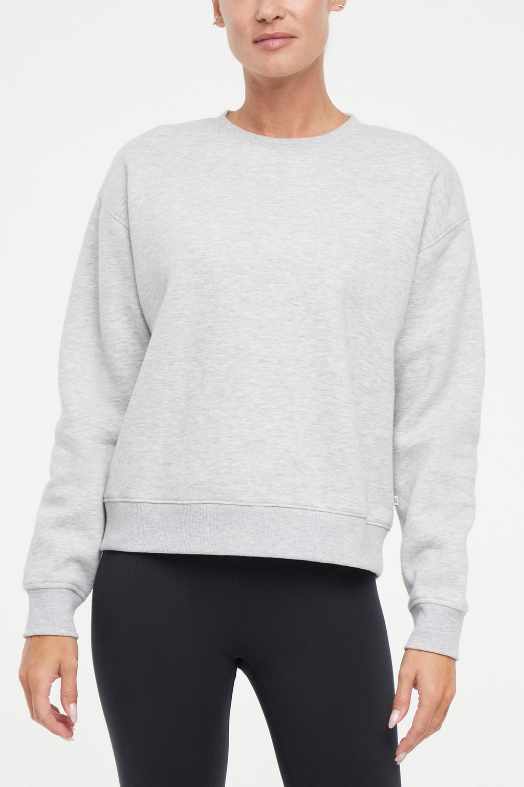 Camila Pullover, alternate angle view, showing visible design features and texture of the soft knit fabric.. #color_heather-grey