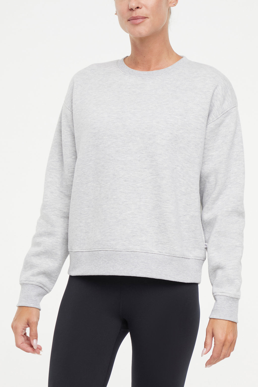 Camila Pullover, alternate angle view, showing visible design features and texture of the soft knit fabric.. #color_heather-grey