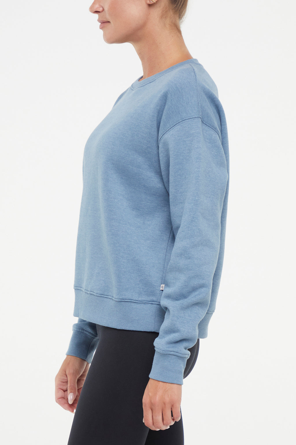 Camila Pullover, alternate angle view, showing visible design features and texture of the soft knit fabric.. #color_heather-bluestone