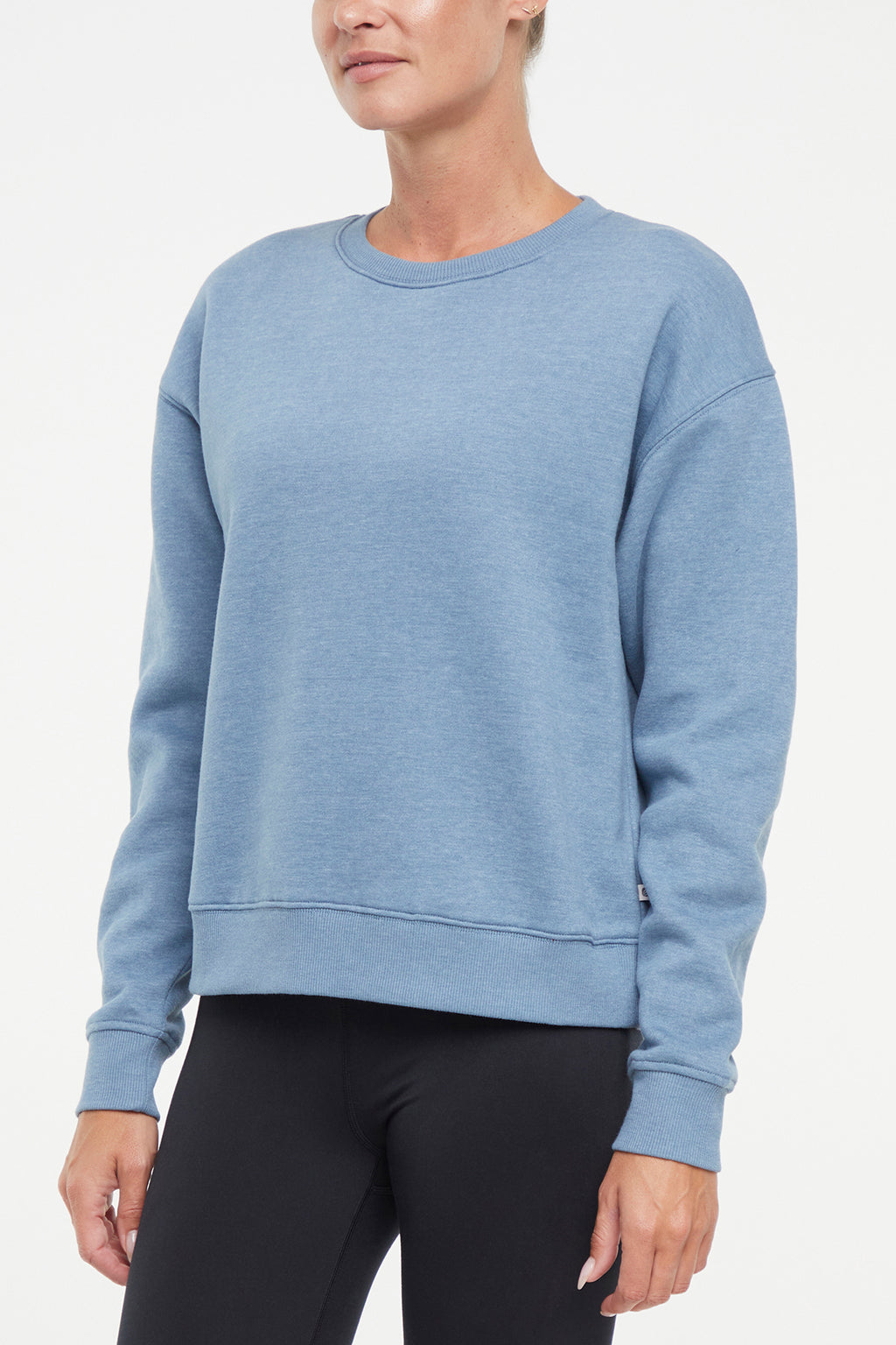 Camila Pullover, alternate angle view, showing visible design features and texture of the soft knit fabric.. #color_heather-bluestone