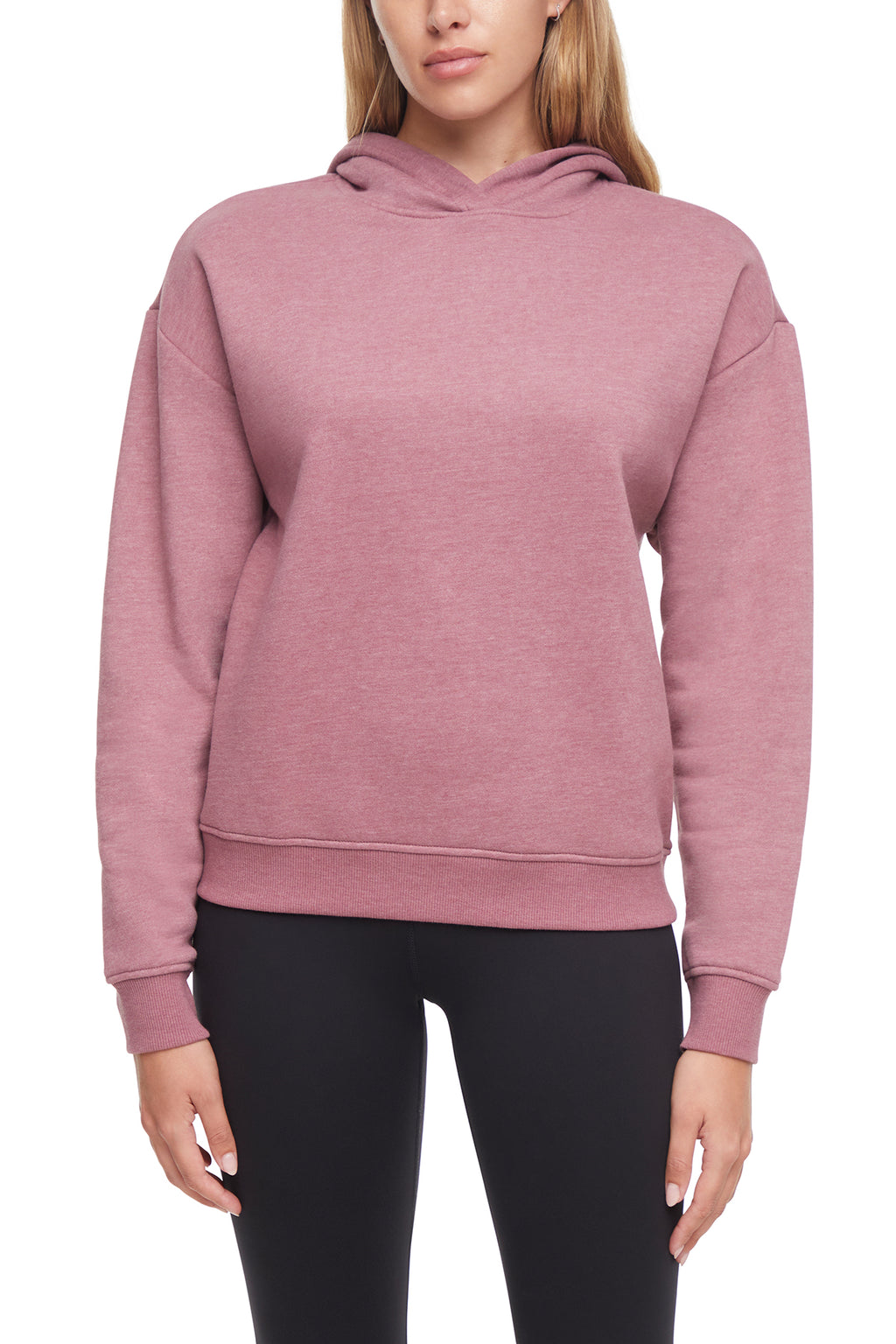 Camila Hoodie, alternate angle view, showing visible design features and texture of the soft fleece fabric.. #color_heather-crushed-berry