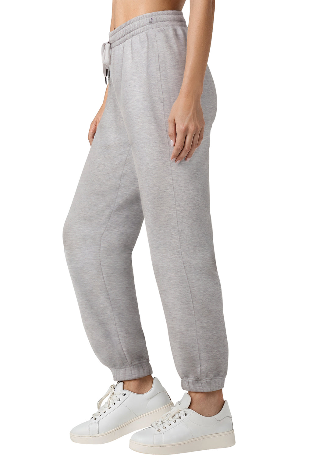 Camila Jogger, alternate angle view, showing visible design features and texture of the soft knit fabric.. #color_heather-grey