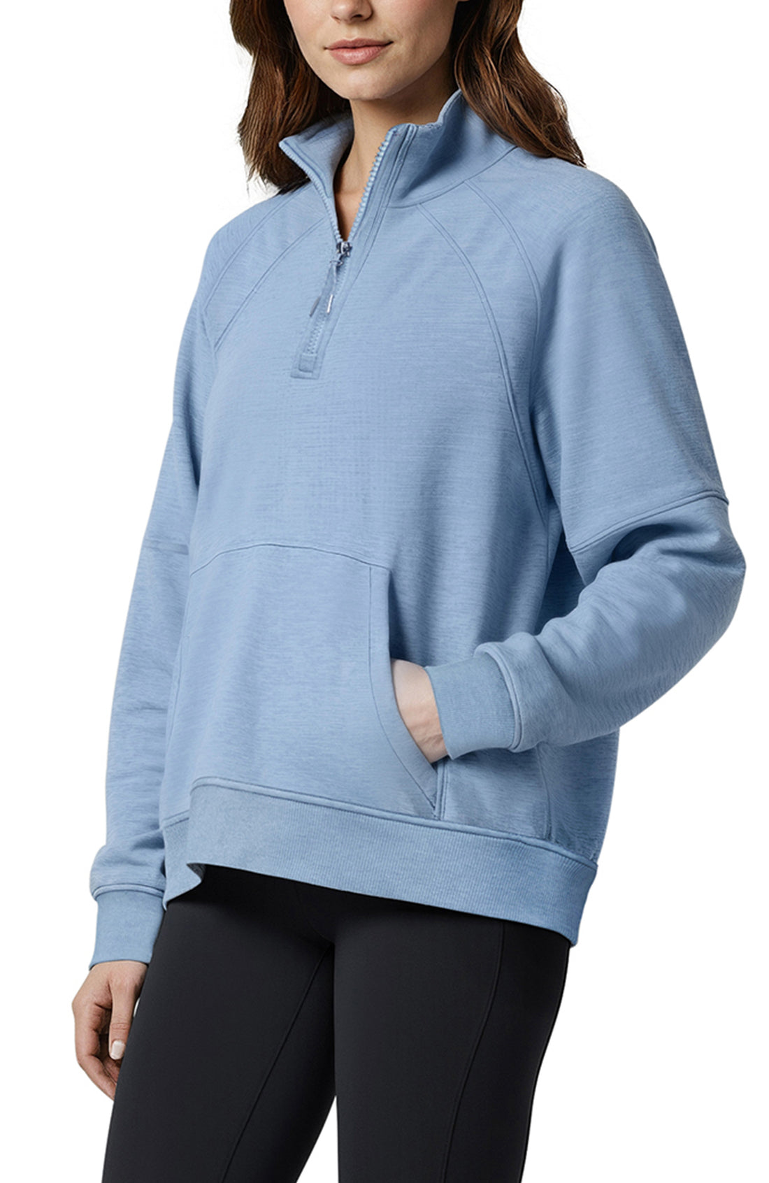 Camila 1/4 Zip Jacket, front view, showing visible design features and texture of the smooth woven fabric..