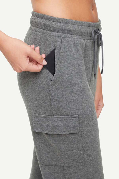 Journey Cargo Jogger, close-up view of fabric and stitching, showing visible design features and texture of the soft knit fabric.. 
