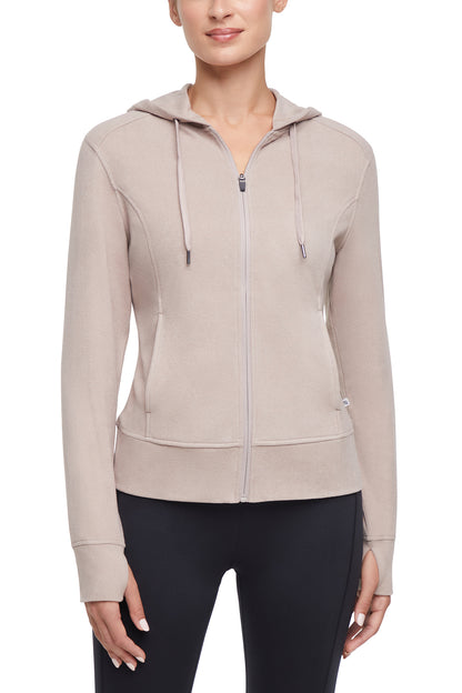 Riley Full Zip Hoodie, alternate angle view, showing visible design features and texture of the soft fleece fabric.. 