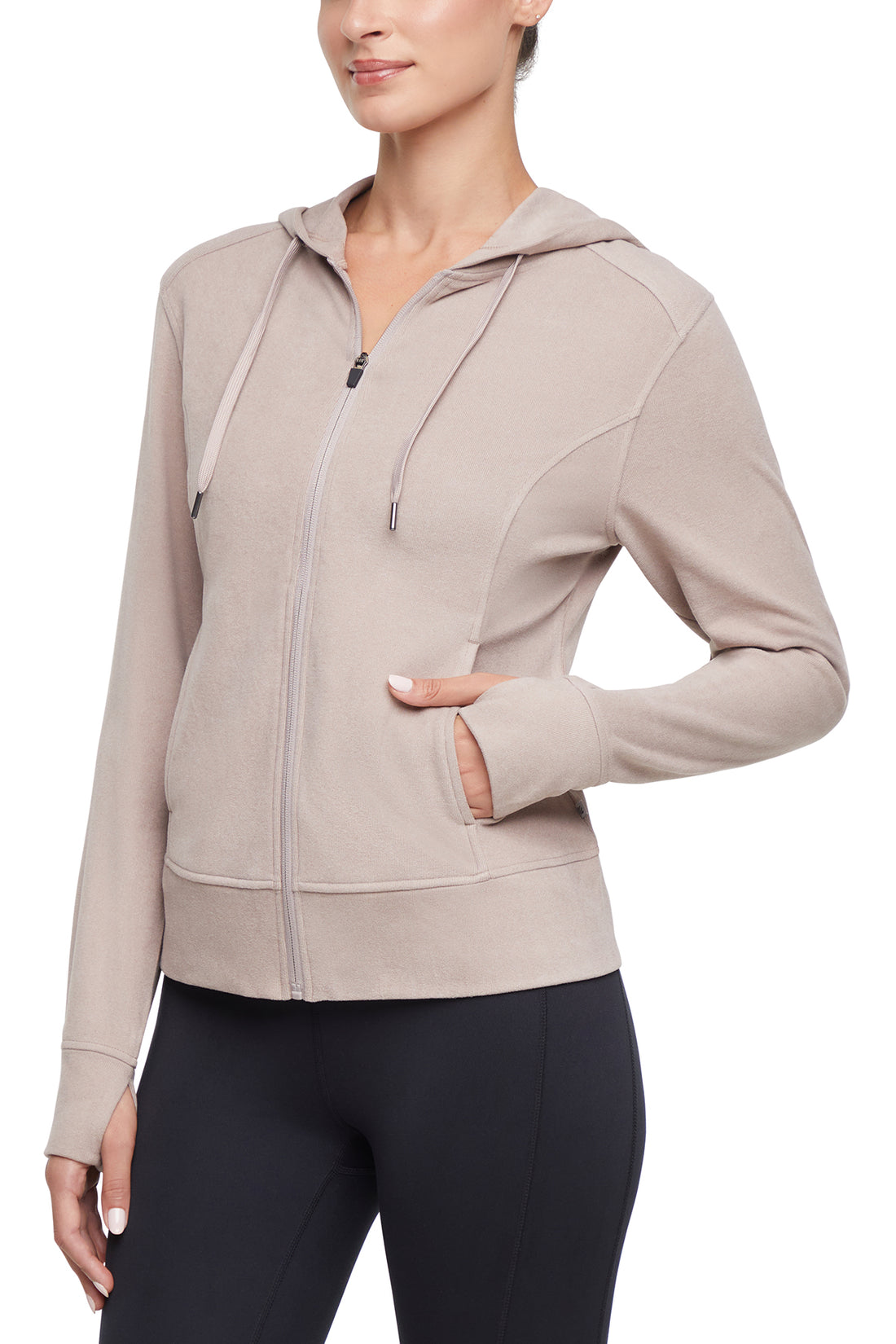 Riley Full Zip Hoodie, front view, showing visible design features and texture of the soft fleece fabric..