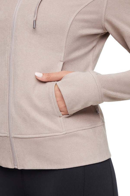 Riley Full Zip Hoodie, back view, showing visible design features and texture of the soft fleece fabric.. 