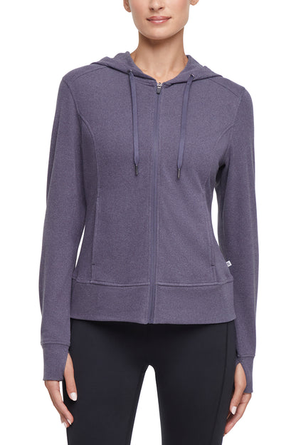 Riley Full Zip Hoodie, alternate angle view, showing visible design features and texture of the soft fleece fabric.. 