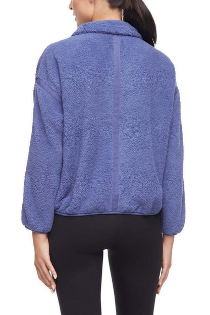 Caliste 1/4 Zip Sherpa Pullover, alternate angle view, showing visible design features and texture of the soft knit fabric.. 